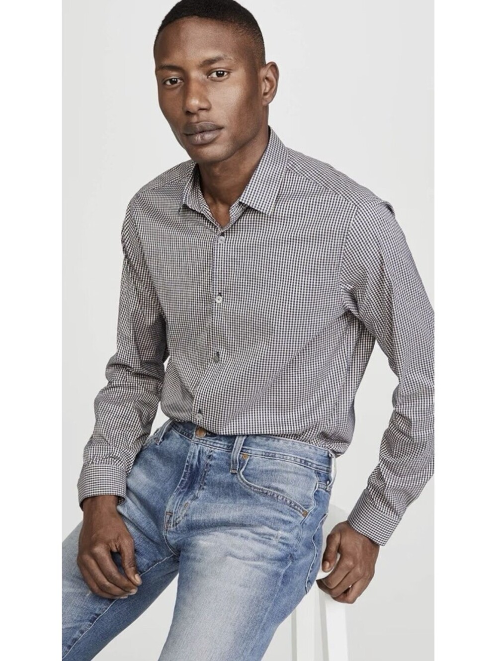 THEORY Men’s Murray Tech Slim Shirt in Gingham Cotton in Navy|Beige-Size XL